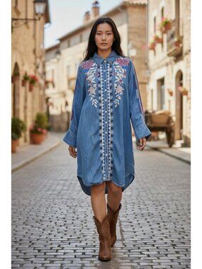 Vintage Collection Embroidery Chambray Button Down Tunic Shirt Sz L Western Boho